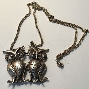 Vintage Retro Pair of Owls with Branch on Chain Necklace